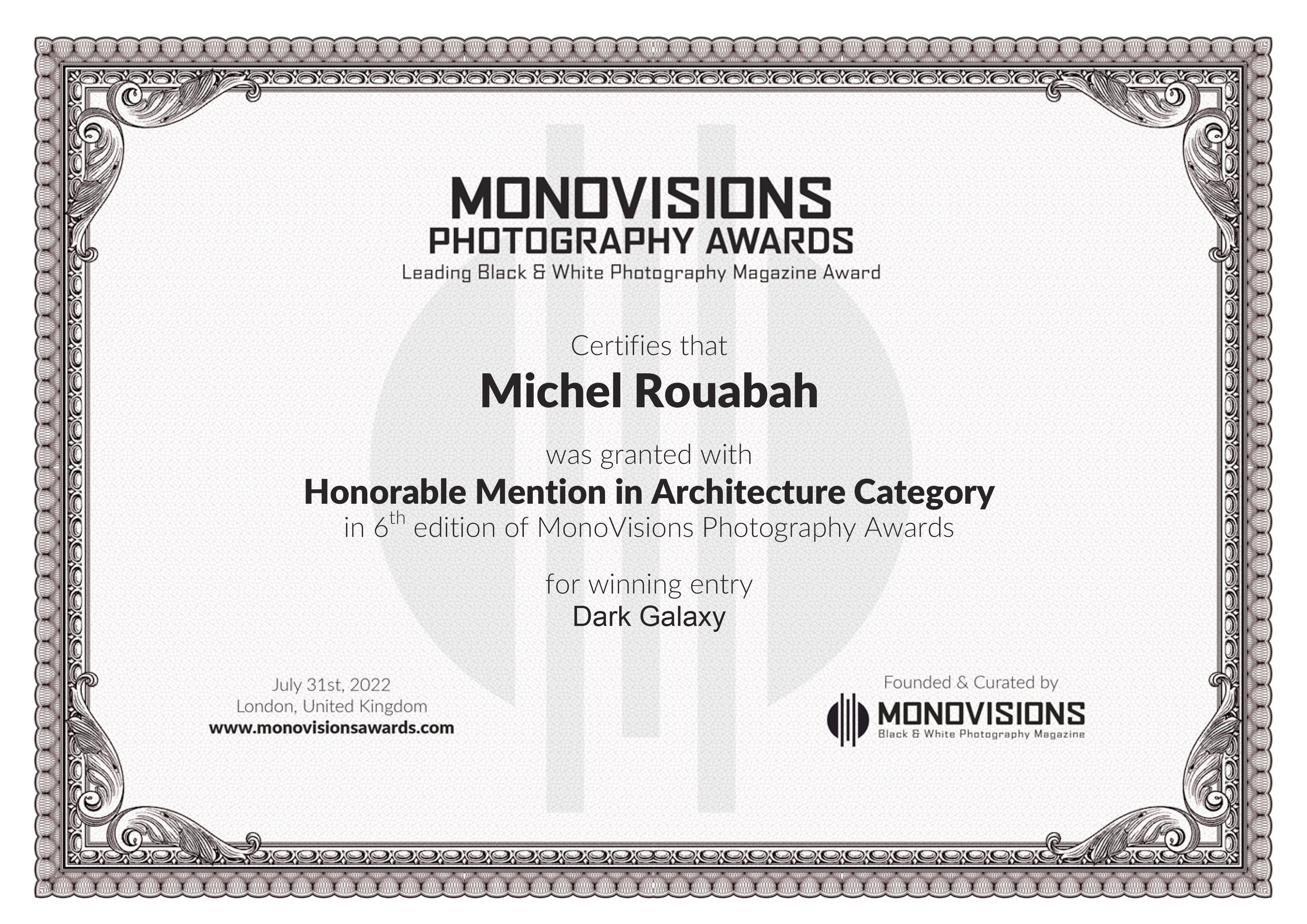 Michel Rouabah reçoit une Mention Honorable aux Monovisions Photography Awards 2022.