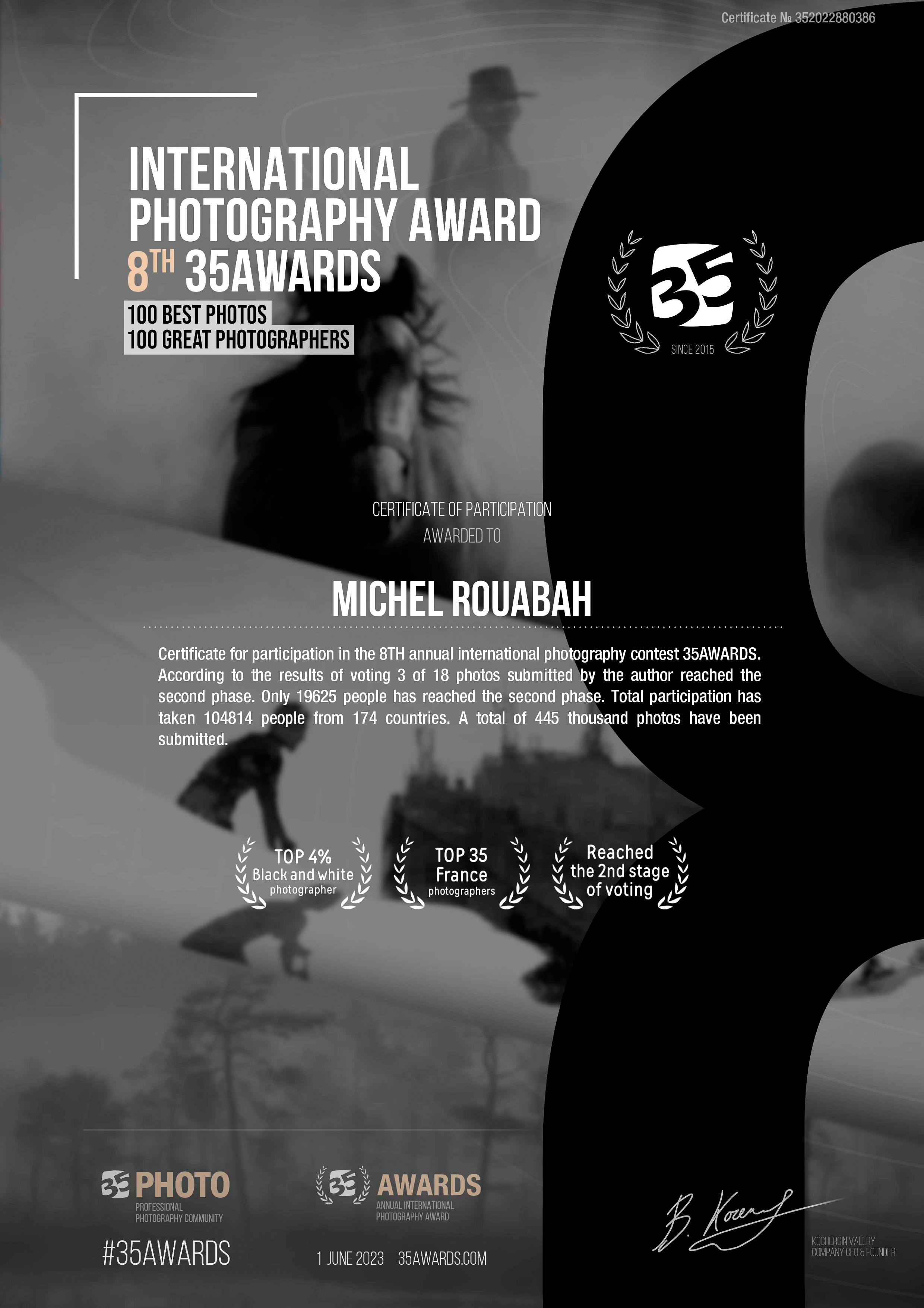 Michel Rouabah 8th 35Awards 2023 Top 4 pourcent noir et blanc Top 35 France