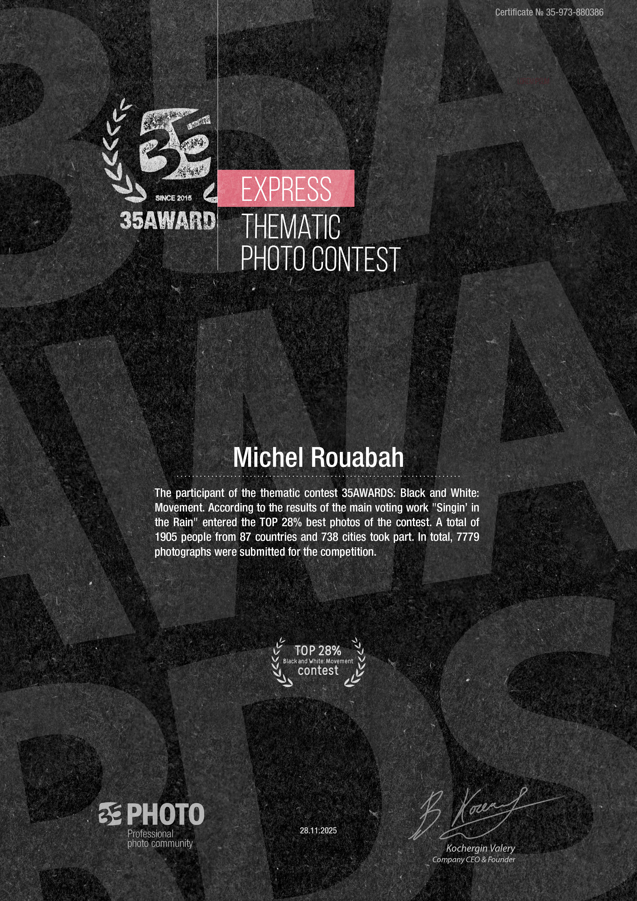 Certificat 35AWARDS pour Michel Rouabah, classement TOP 28% au concours Black and White Movement