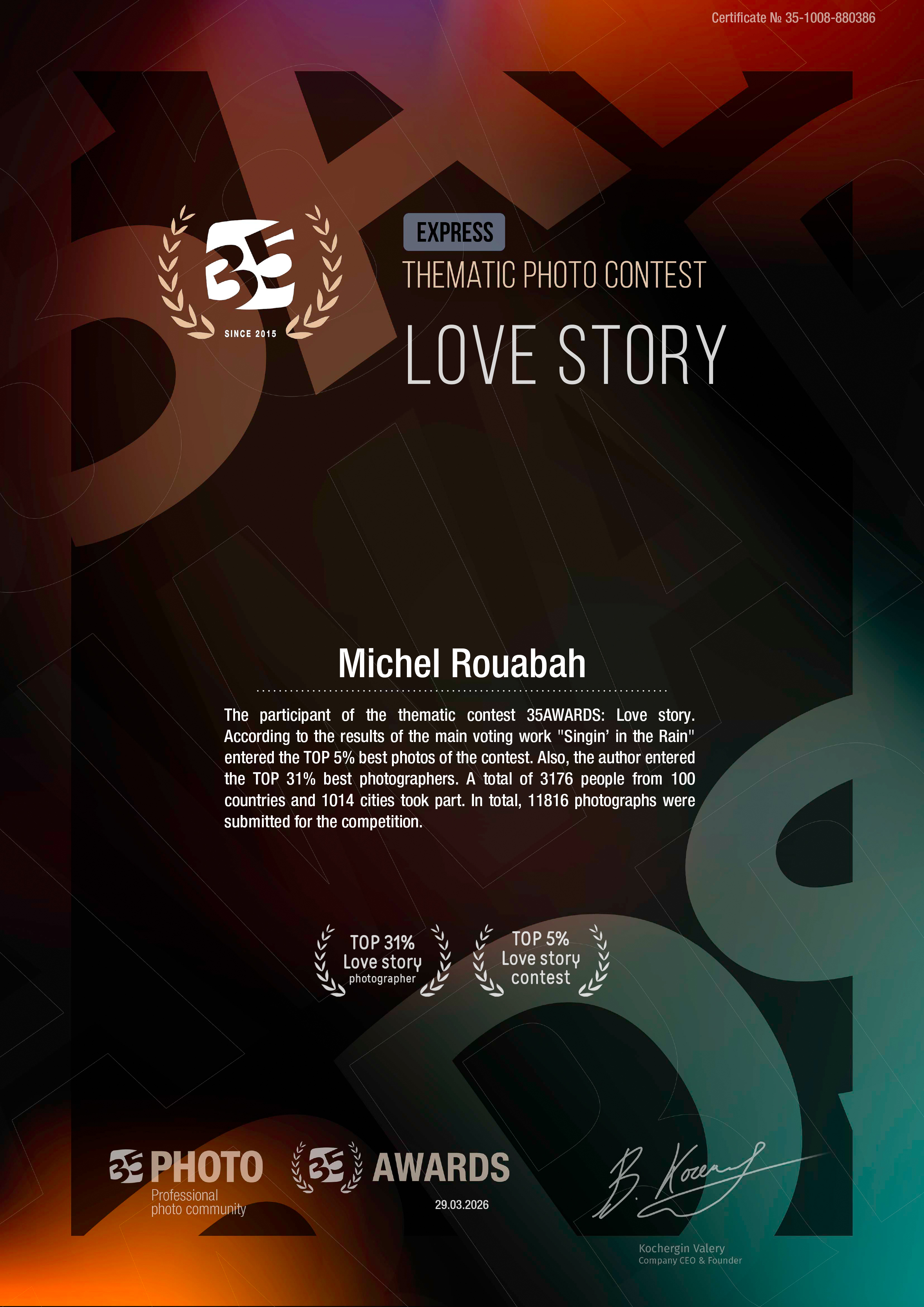 Certificat 35Awards – Photographie « Singin’ in the Rain » classée Top 5 % parmi les meilleures photos du concours Love Story par Michel Rouabah