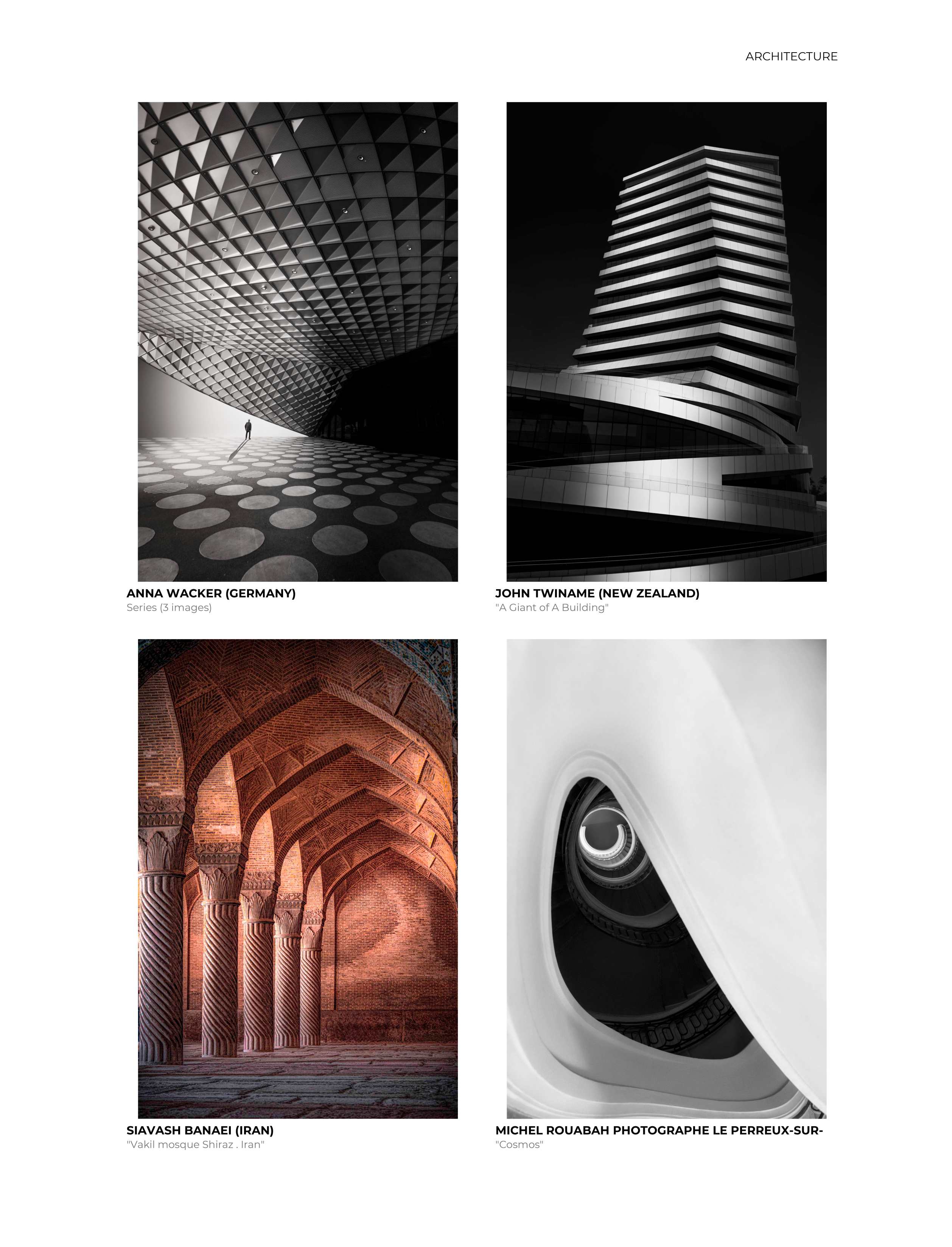 Page du livre Global Lens Photography Awards 2025 présentant la photographie d'architecture « Cosmos » de Michel Rouabah parmi une sélection internationale de photographes.