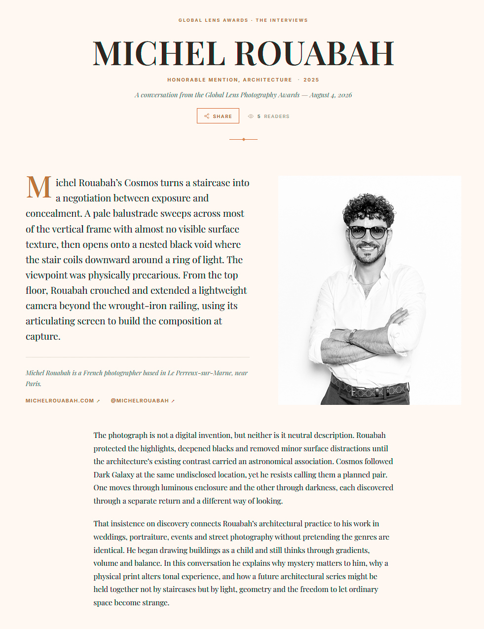 Interview de Michel Rouabah publiée par Global Lens Photography Awards après sa Mention Honorable en photographie d'architecture pour l'œuvre Cosmos.