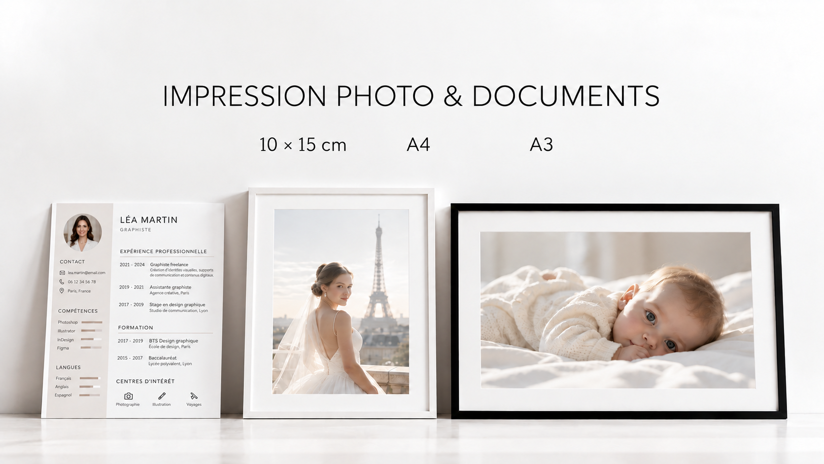 Impression photo, tirages et agrandissements aux formats 10 × 15 cm, A4 et A3, vente de cadres photo noirs et blancs et impression de documents A4 au Perreux-sur-Marne, dans le Val-de-Marne.