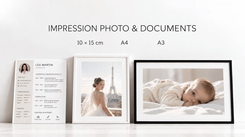 Impression photo, tirages et agrandissements aux formats 10 × 15 cm, A4 et A3, vente de cadres photo noirs et blancs et impression de documents A4 au Perreux-sur-Marne, dans le Val-de-Marne.