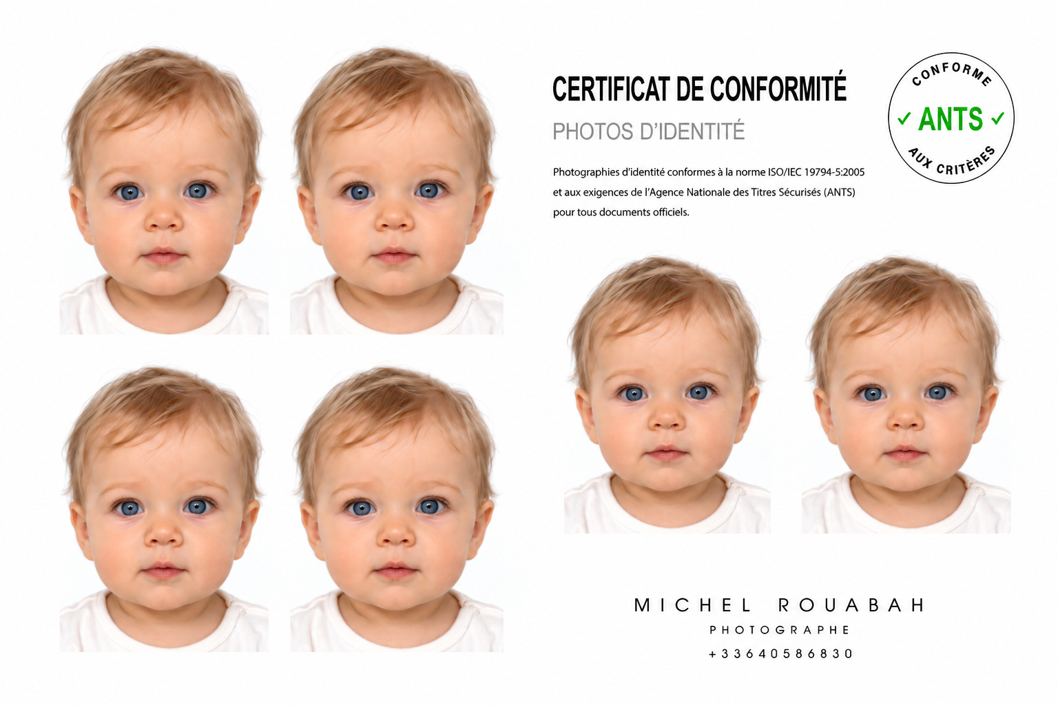 Photo d’identité nourrisson, bébé et enfant conforme aux exigences ANTS, réalisée en studio ou à domicile par Michel Rouabah, photographe au Perreux-sur-Marne dans le Val-de-Marne.
